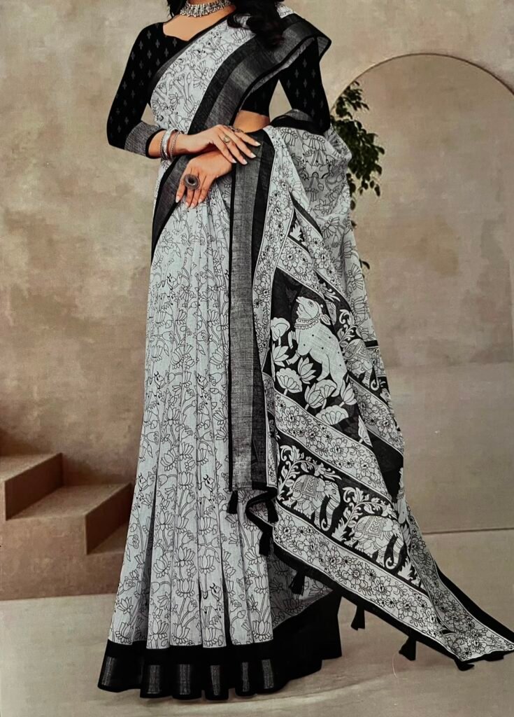 Black & White Linen Saree